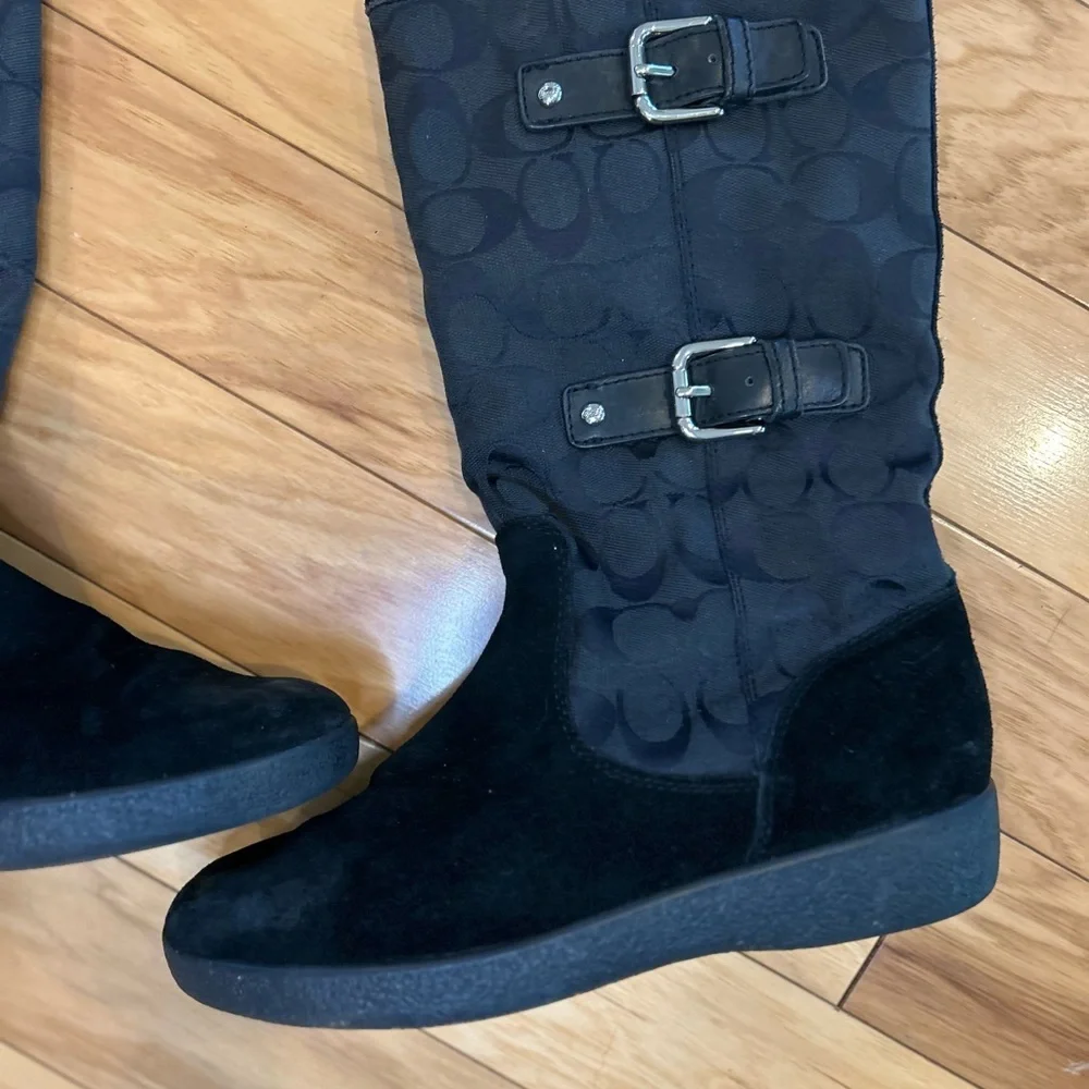 Coach Tinah Black Signature Suede Buckle Boots Mid-Calf Winter Lined 7B